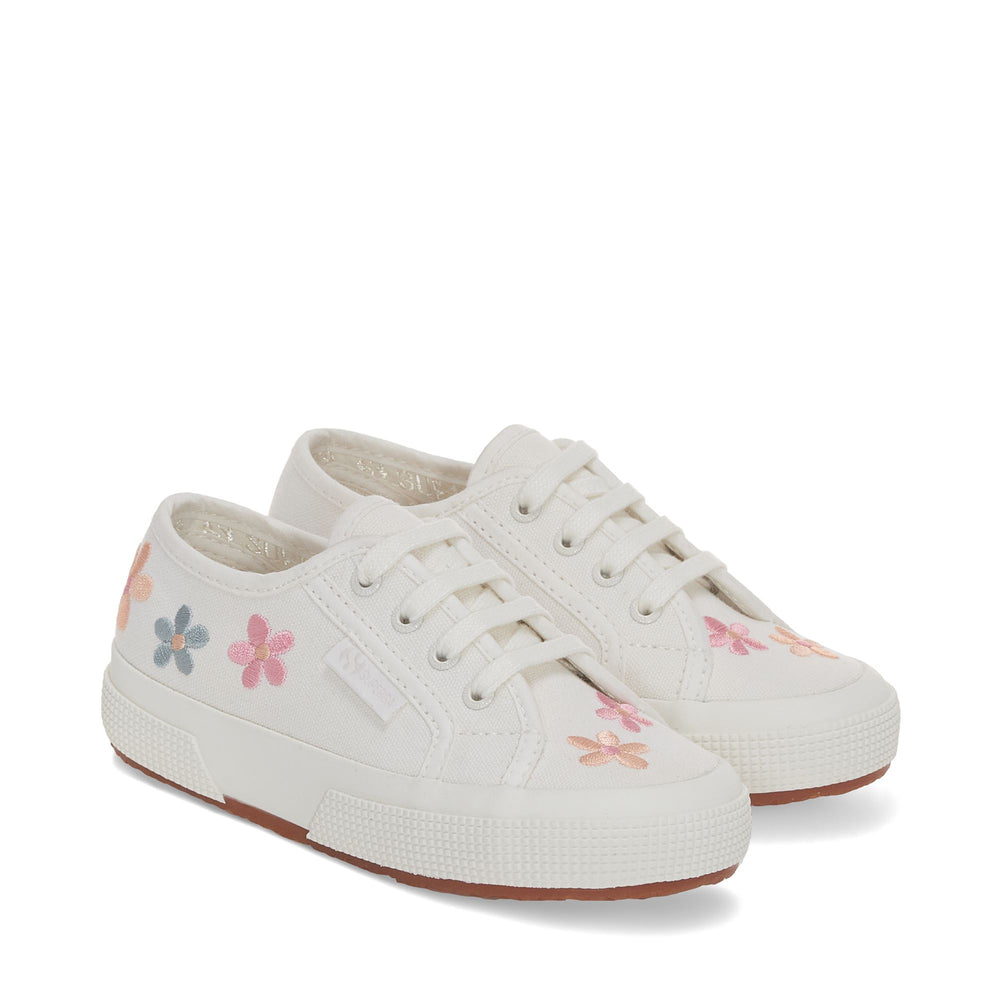 Le Superga Girl 2750 KIDS EMBROIDERY FLOWERS Sneaker WHITE AVORIO-MULTICOLOR FLOWERS Dressed Front (jpg Rgb)	