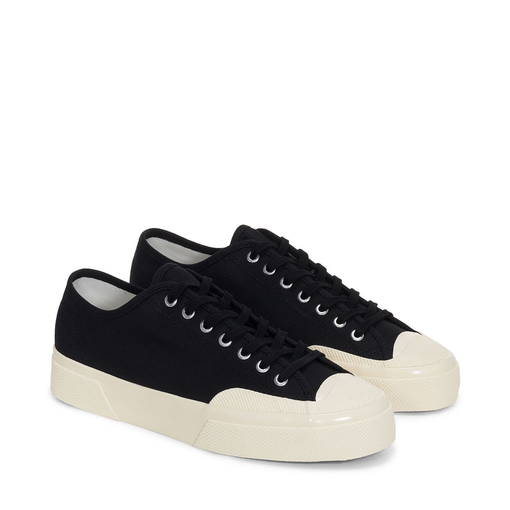 Le Superga Unisex 2432 WORKS LOW CUT BROKENTWILL Low Cut BLACK-OFF WHITE Dressed Front (jpg Rgb)	