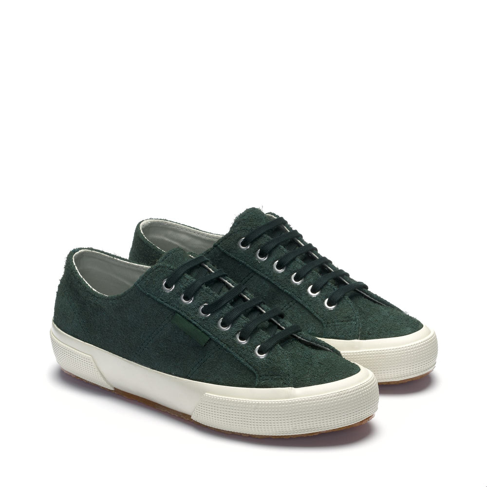 Le Superga Unisex 2750 OG HAIRY SUEDE Low Cut GREEN DK FOREST-FAVORIO Dressed Front (jpg Rgb)	