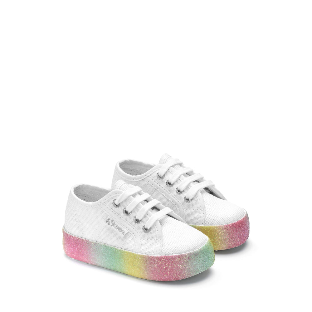 Lady Shoes Girl 2730 KIDS IRIDESCENT MICROGLITTER PLATFORM Wedge WHITE-PINK PASTEL MULTICOLOR Dressed Front (jpg Rgb)	