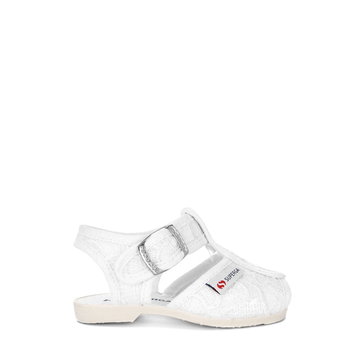 Sandali bianchi da bambina con tomaia in pizzo macramè 1