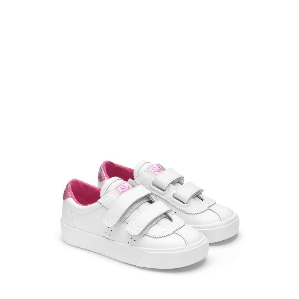 Sneakers Girl 2843 KIDS CLUB S STRAPS LEATHER GLITTER HEELTAB Low Cut WHITE-ROSE Dressed Front (jpg Rgb)	