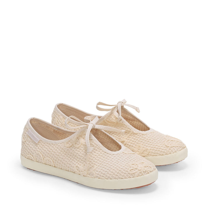 Beigefarbene Ballerinas für Damen mit Obermaterial aus Baumwolle 2