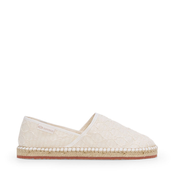 Weiße Damen-Espadrilles mit niedrigem Absatz und gehäkeltem Baumwoll-Obermaterial 1