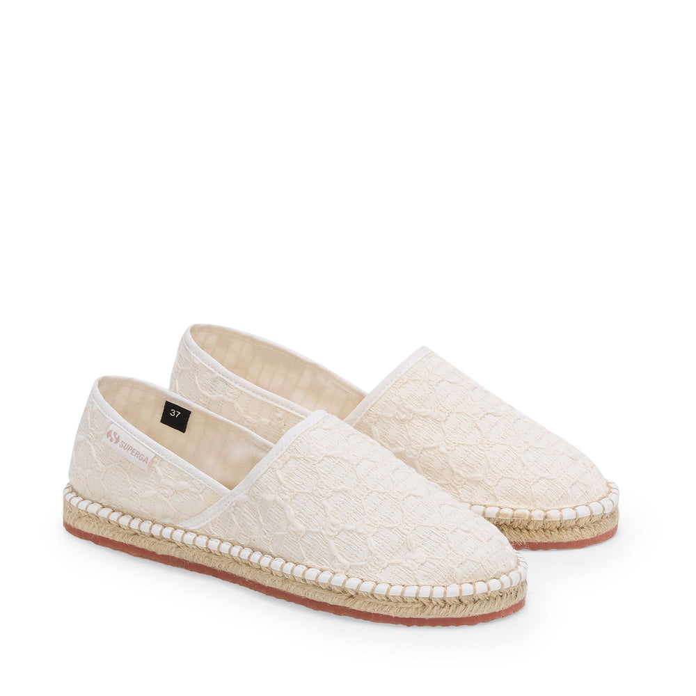 Alpargatas blancas de tacón bajo para mujer con parte superior de algodón de crochet 02