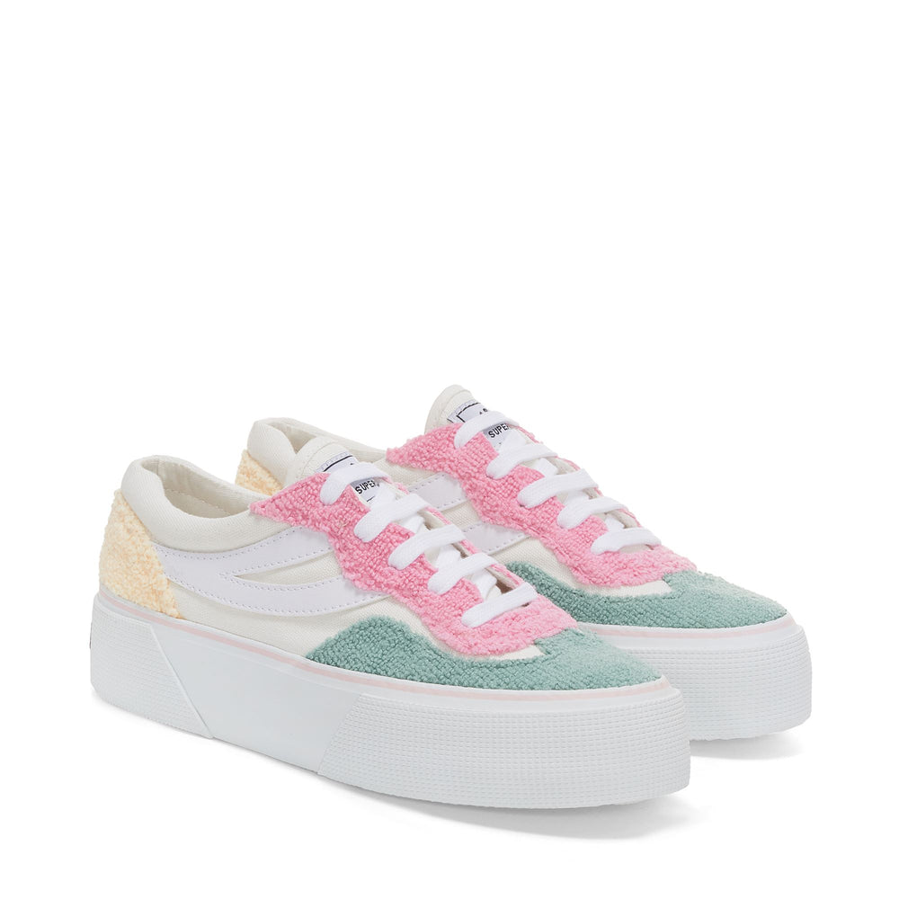 Sneakers Woman 3041 REVOLLEY PLATFORM TERRY CLOTH Wedge WHITE AVORIO-PINK-WHITE ICING-GREEN SAGE Dressed Front (jpg Rgb)	