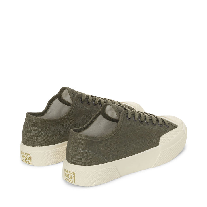 Le Superga Unisex 2432 WORKS LOW CUT DEADSTOCK FRENCH COTTON Low Cut GREEN MIL-OFF WHITE Dressed Side (jpg Rgb)		