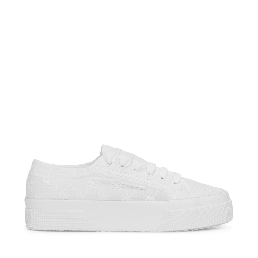 Sneakers bianche con plateau da donna e tomaia in cotone 01