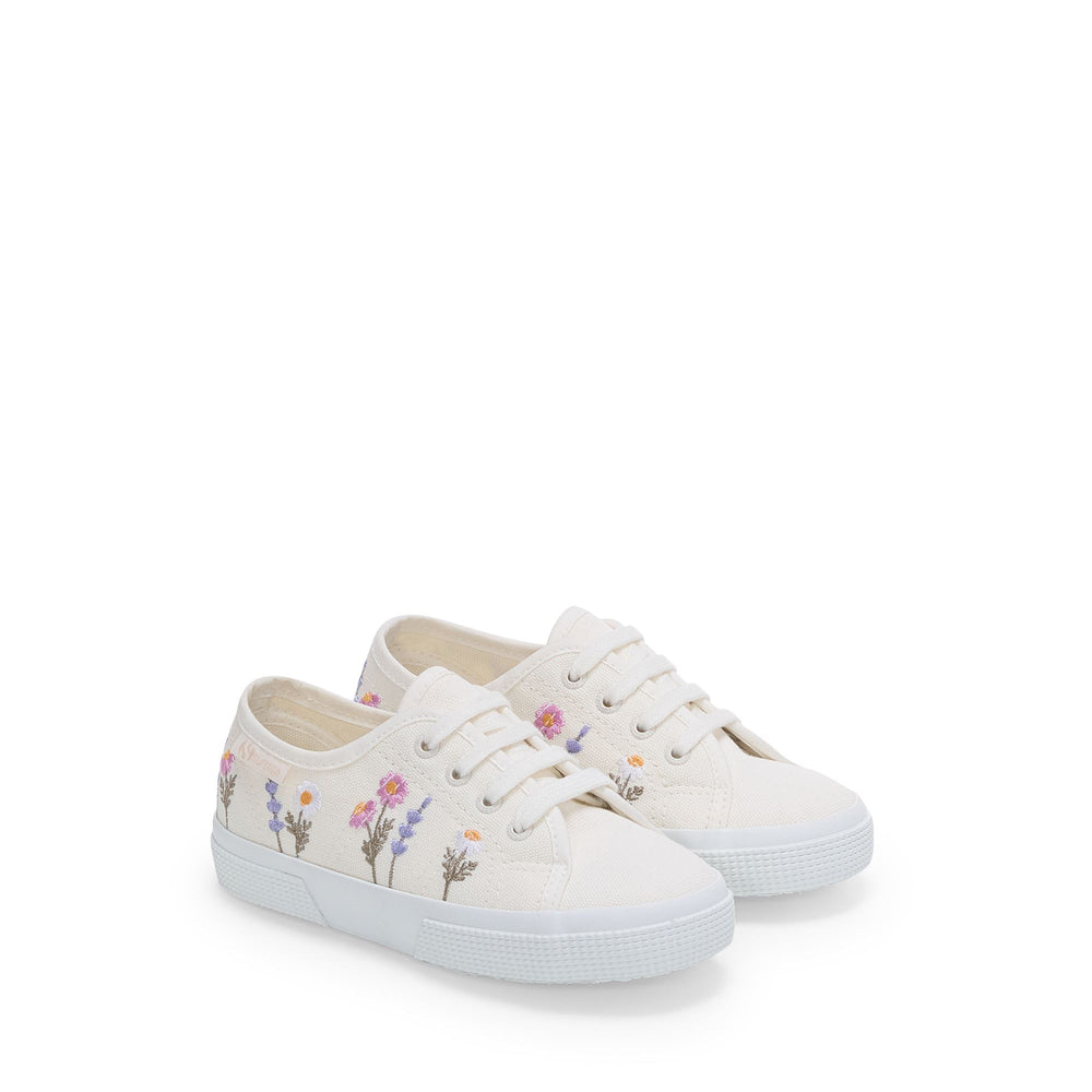 Sneakers basse bianche da ragazza con tomaia in cotone 02