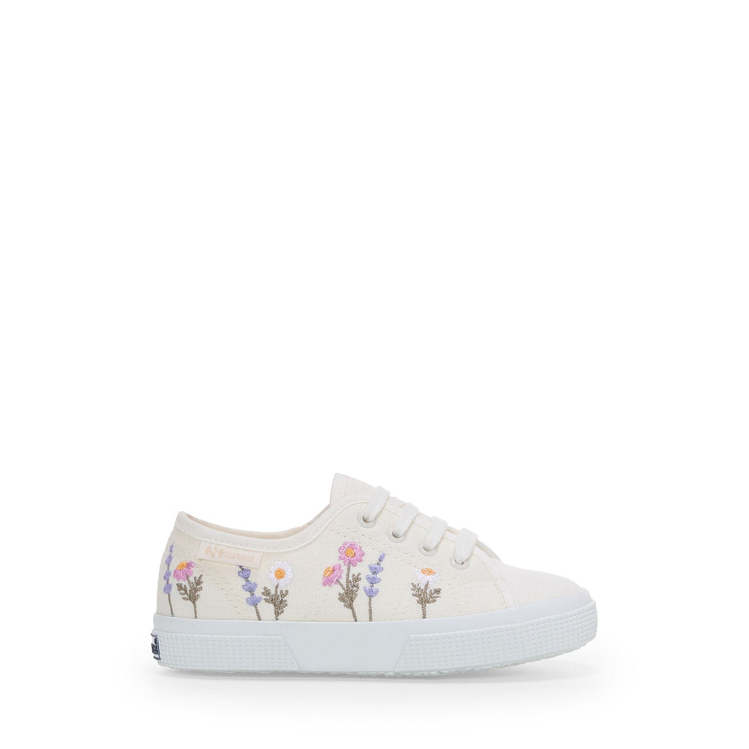 Sneakers basse bianche da ragazza con tomaia in cotone 01