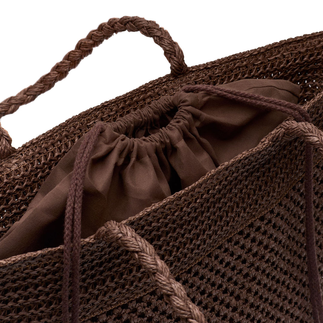 Bolso tote para mujer color marrón café con forro de rafia y algodón. main