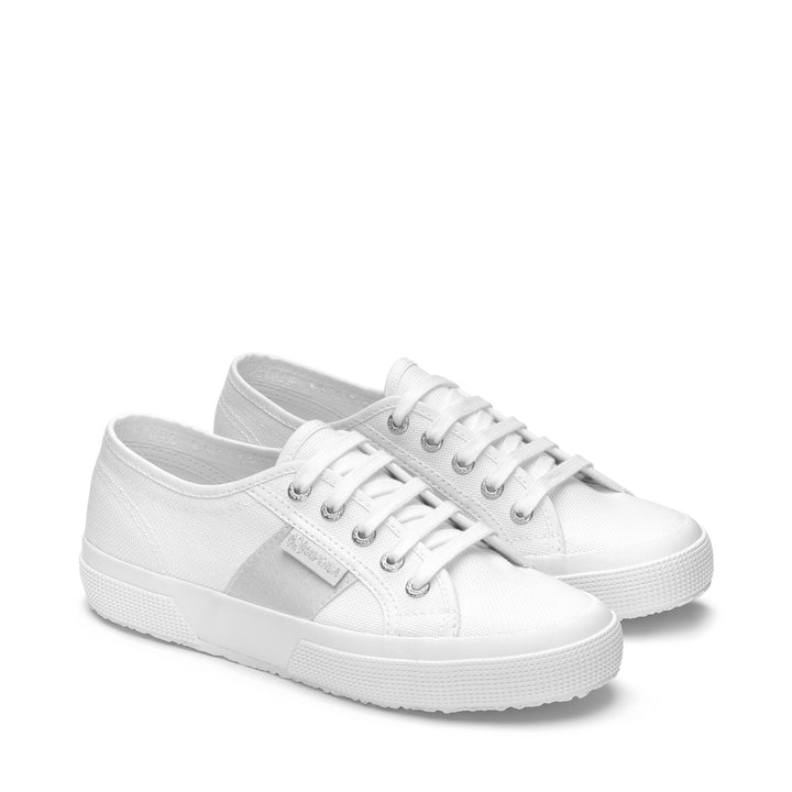 Le Superga Woman 2750 PEARL CANVAS PATCH Low Cut WHITE-SILVER Dressed Front (jpg Rgb)	