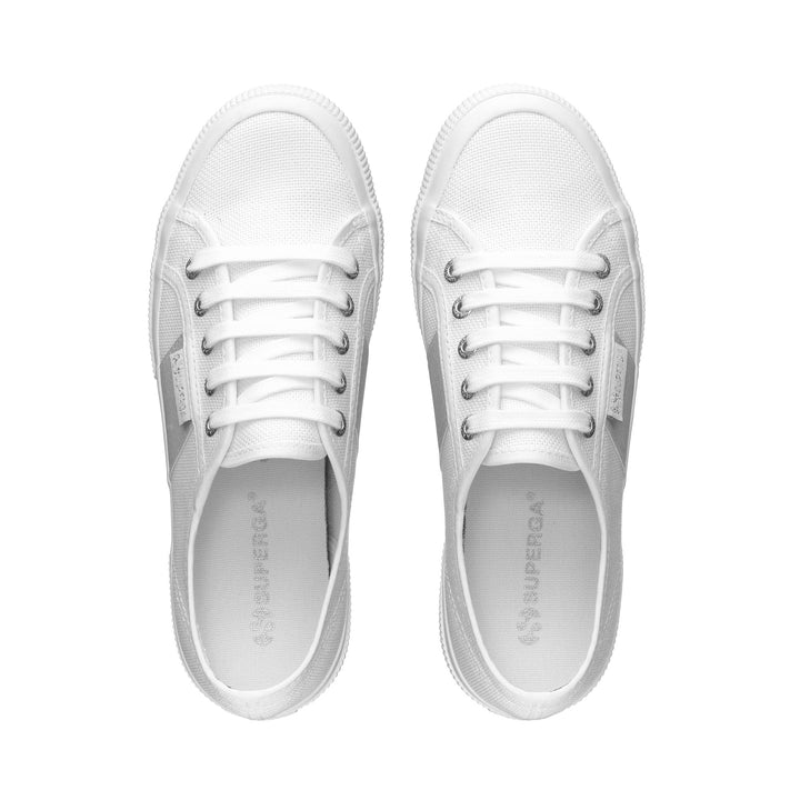 Le Superga Woman 2750 PEARL CANVAS PATCH Low Cut WHITE-SILVER Dressed Back (jpg Rgb)		