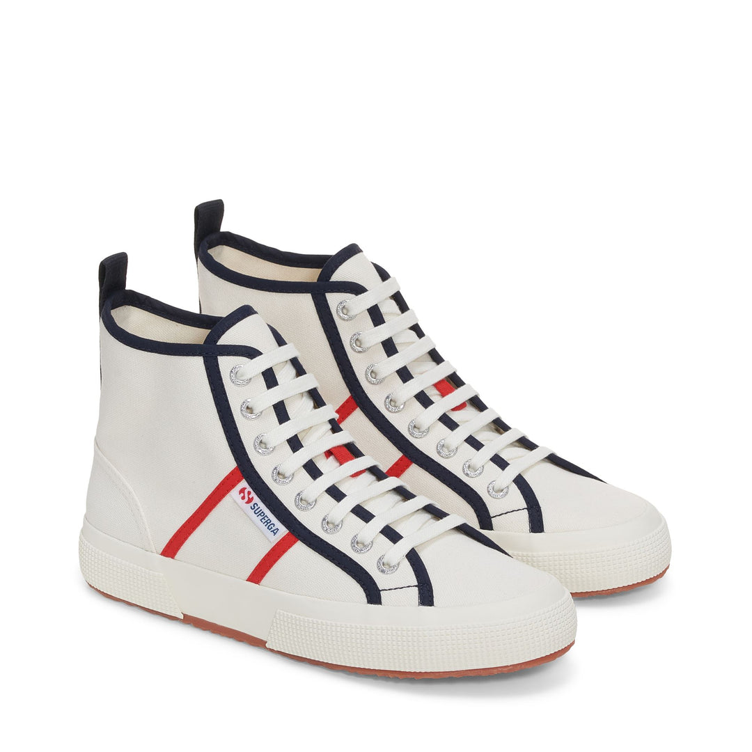 Le Superga Unisex 2750 MID COLORBLOCKING Mid Cut WHITE AVORIO-BLUE NAVY-RED Dressed Front (jpg Rgb)	