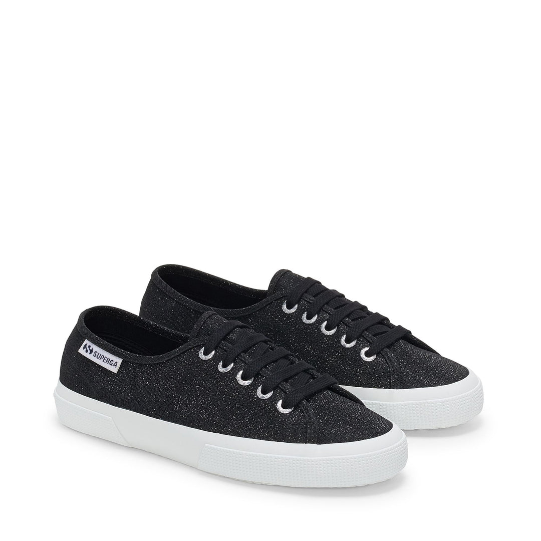 Niedrig geschnittene schwarze Damen-Sneaker mit Obermaterial aus Jersey-Lamé main