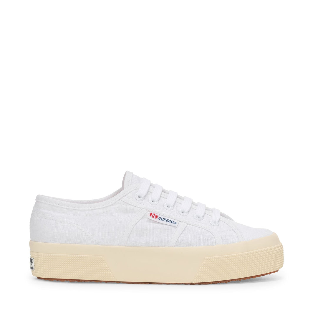 Woman's Platform White Sneakers with Linen Upper 01