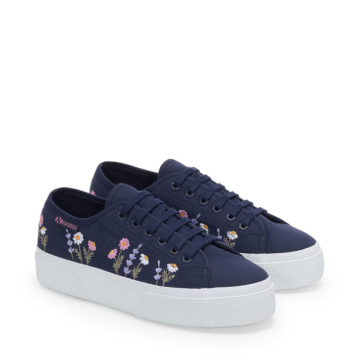 3740 PLATFORM FLOWER EMBROIDERY LEGGERA - Lady Shoes - Wedge - Woman - BLUE NAVY-WHITE-VIOLET LILLA 2