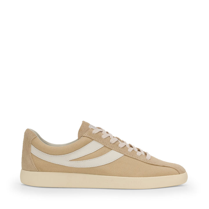 Unisex-Sneaker in Beige mit niedrigem Schaft und Obermaterial aus Baumwolle und Wildleder 1