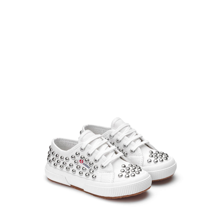 Le Superga Girl 2750-KIDS COTSTUDS1 Low Cut WHITE-SILVER STUDS Dressed Front (jpg Rgb)	