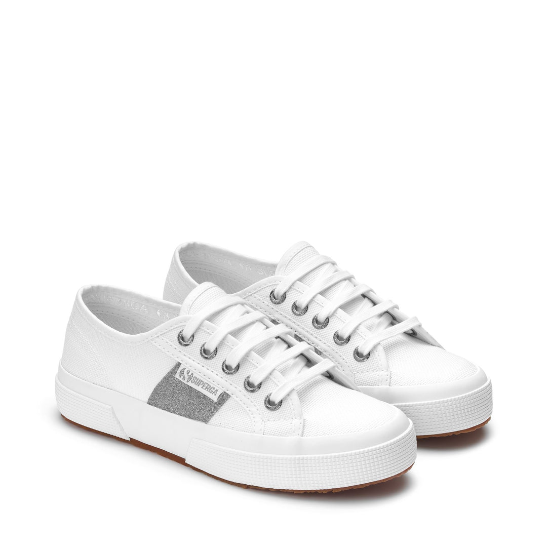Le Superga Woman 2750 PATCHES GLITTER Sneaker WHITE-SILVER Dressed Front (jpg Rgb)	