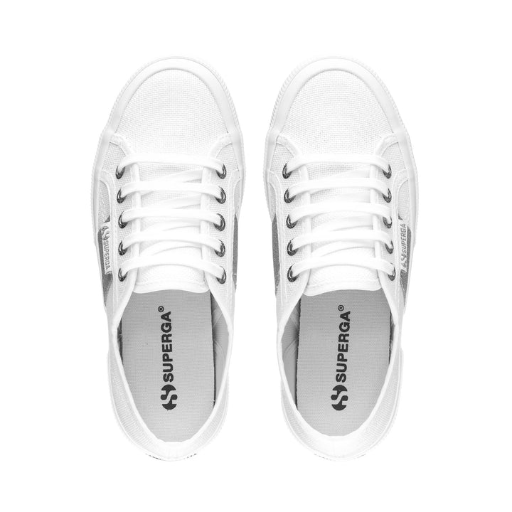 Le Superga Woman 2750 PATCHES GLITTER Sneaker WHITE-SILVER Dressed Back (jpg Rgb)		
