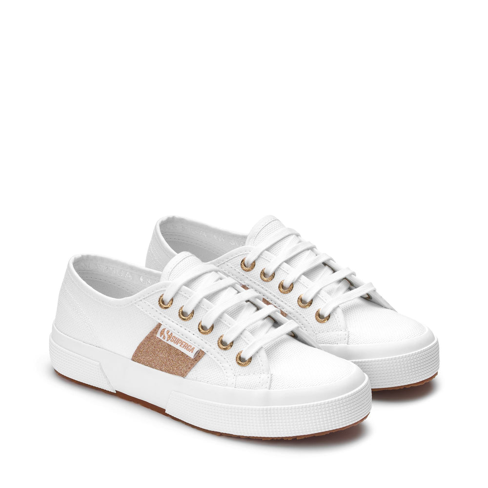 Le Superga Woman 2750 PATCHES GLITTER Sneaker WHITE-WARM GOLD Dressed Front (jpg Rgb)	