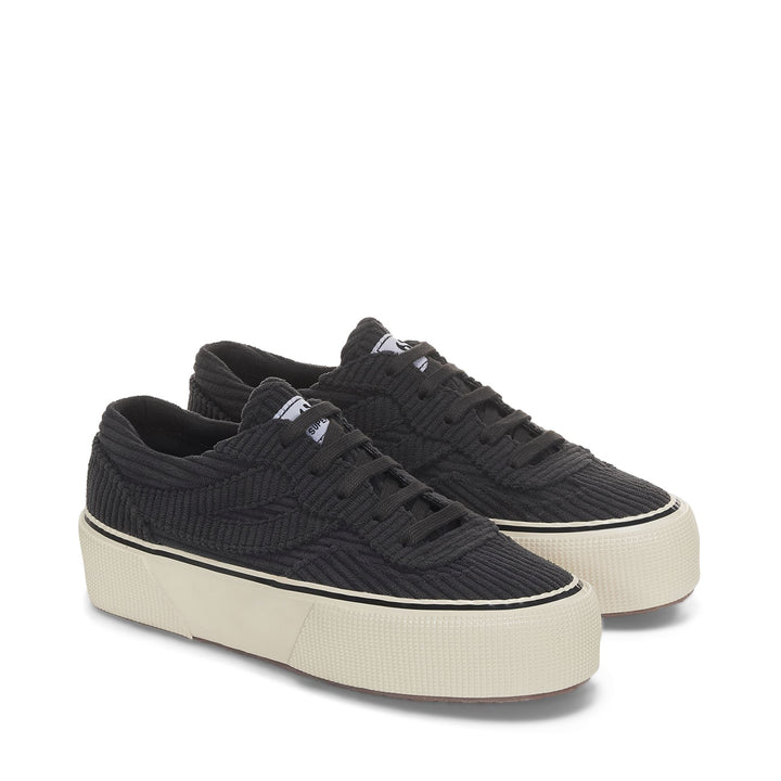 Woman's Black Platform Sneakers with Corduroy Upper 2