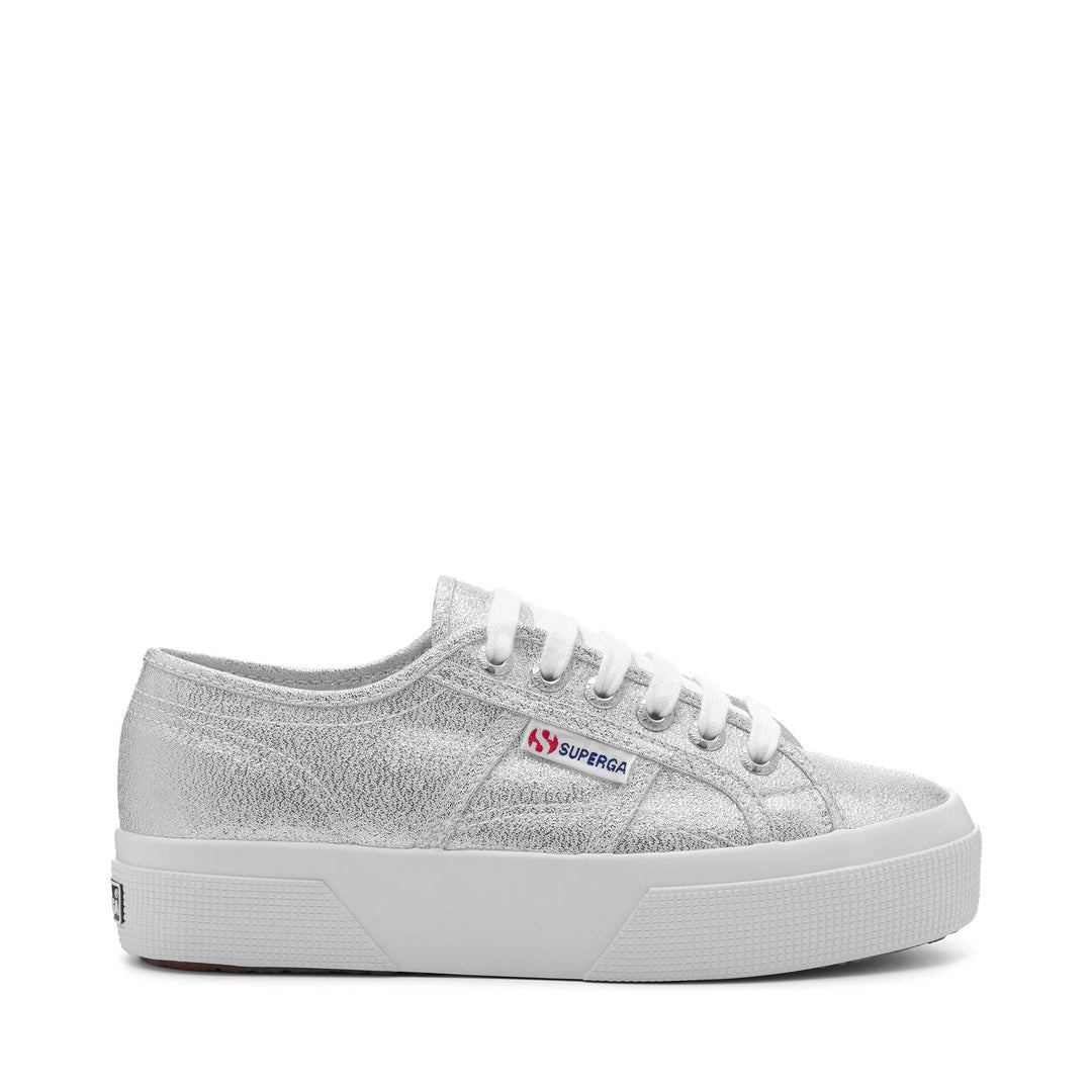 Sneakers da donna con plateau grigie e tomaia lamé 01