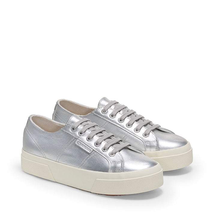 Woman's Platform Silver Sneakers with Leather Upper 2