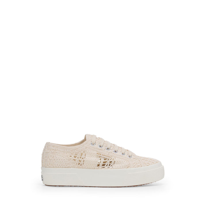 Beigefarbene Damen-Plateau-Sneaker mit Häkeloberteil 1