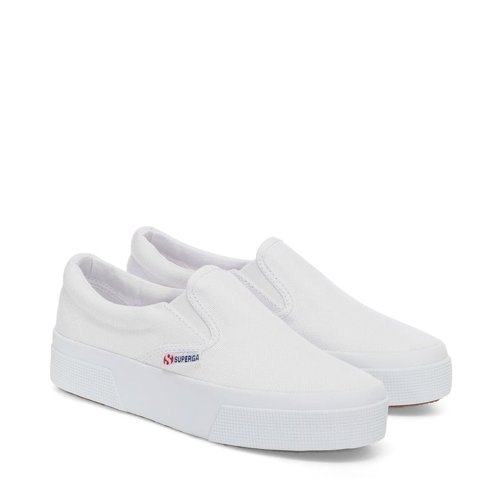 Sneakers bianche con plateau da donna e tomaia in cotone 2