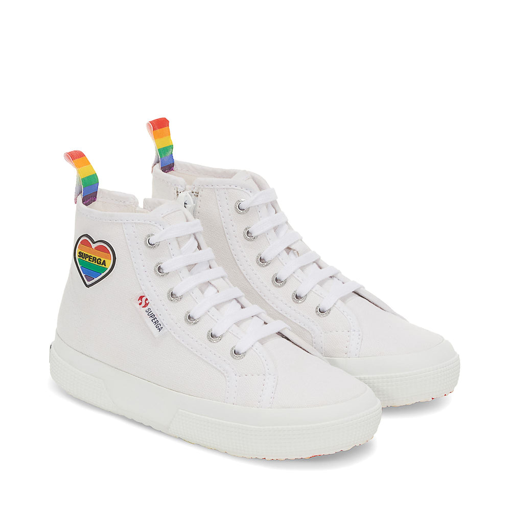 Le Superga Girl 2709 KIDS HEART PATCH Mid Cut WHITE-MULTICOLOR HEART Dressed Front (jpg Rgb)	