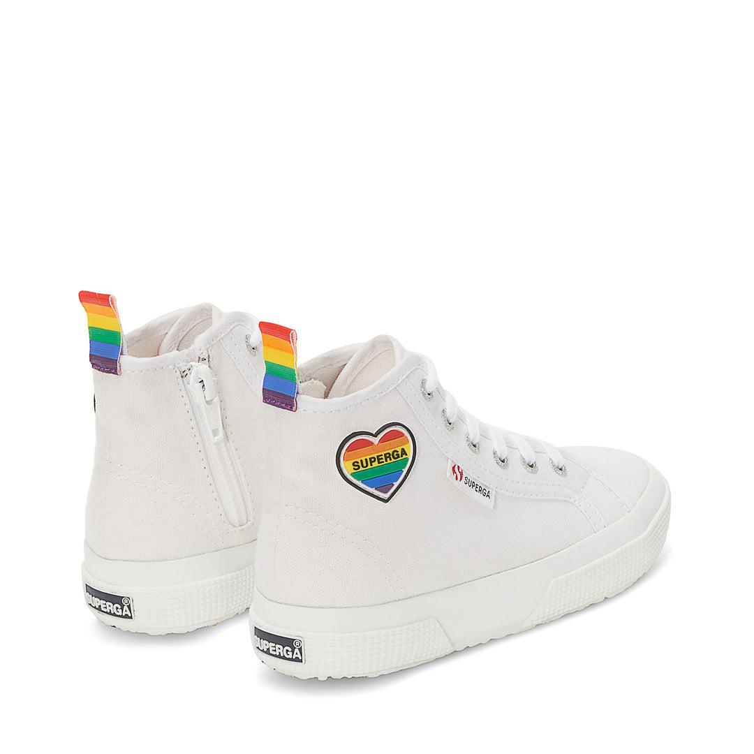 Le Superga Girl 2709 KIDS HEART PATCH Mid Cut WHITE-MULTICOLOR HEART Dressed Side (jpg Rgb)		