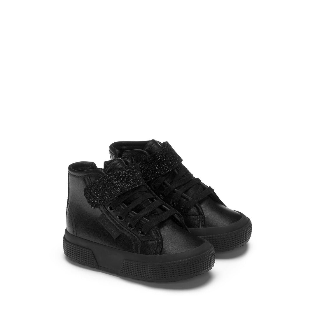 Le Superga Girl 2709 KIDS SYNTHETIC MATERIAL GLITTER Mid Cut TOTAL BLACK Dressed Front (jpg Rgb)	