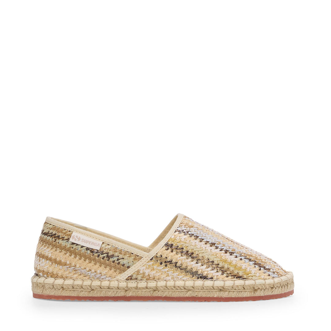 Alpargatas de tacón bajo para mujer en color beige con parte superior de rafia 01