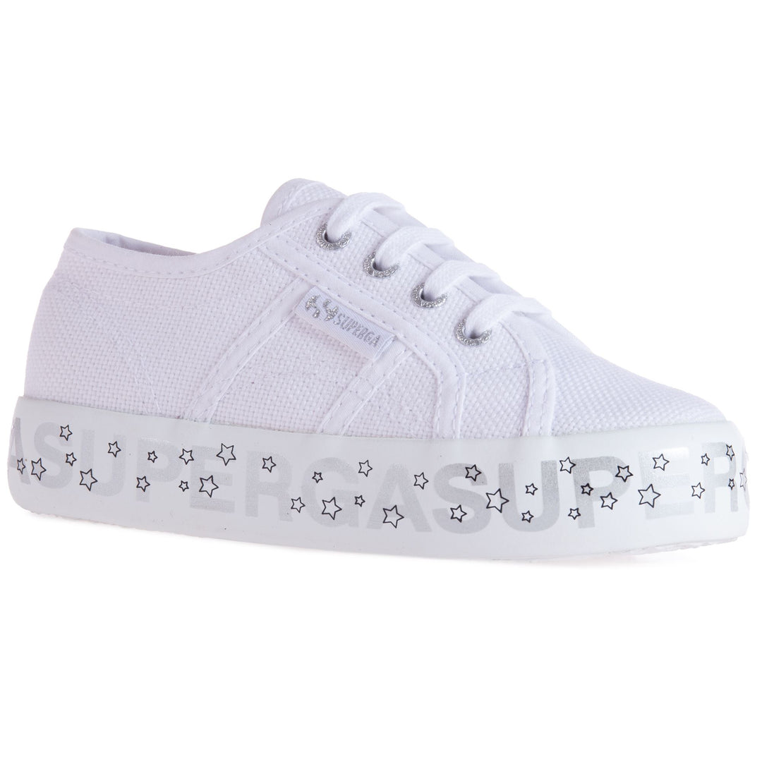Lady Shoes Girl 2730 KIDS LETTERING PRINTED PLATFORM Wedge WHITE-SILVER-BLACK STARS Detail Double				