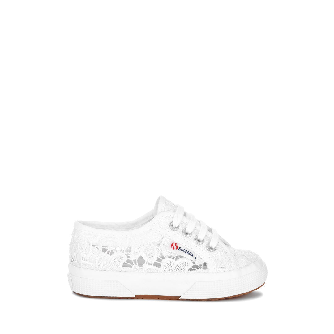Sneakers bianche da bambina con tomaia in pizzo macramè 01