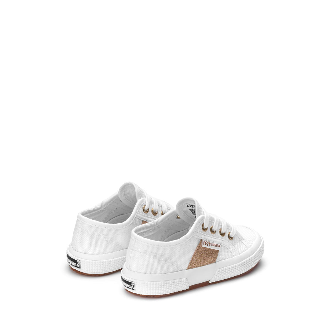 Le Superga Girl 2750 KIDS PATCHES GLITTER Sneaker WHITE-WARM GOLD Dressed Side (jpg Rgb)		