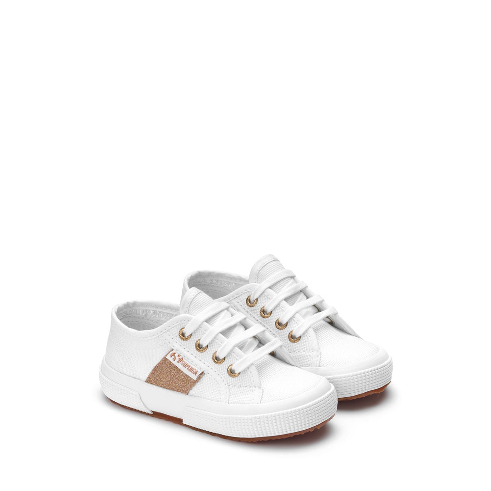 Le Superga Girl 2750 KIDS PATCHES GLITTER Sneaker WHITE-WARM GOLD Dressed Front (jpg Rgb)	