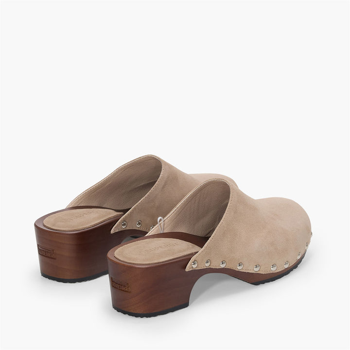 Beigefarbene Damen-Clogs mit hohem Absatz und Obermaterial aus Wildleder 3