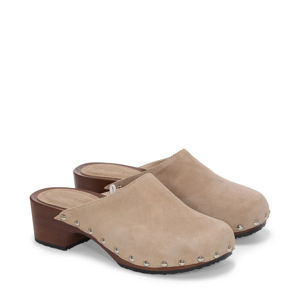 Zuecos de tacón alto para mujer en color beige con parte superior de ante 02