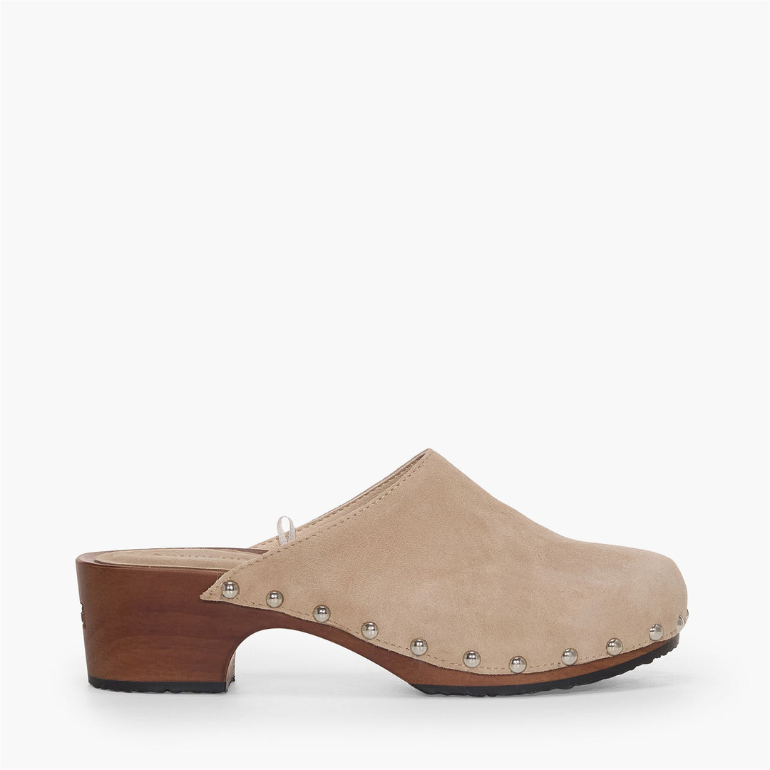 Beigefarbene Damen-Clogs mit hohem Absatz und Obermaterial aus Wildleder 01