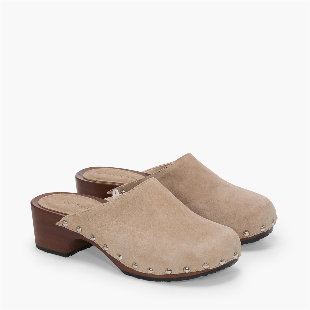 Beigefarbene Damen-Clogs mit hohem Absatz und Obermaterial aus Wildleder main