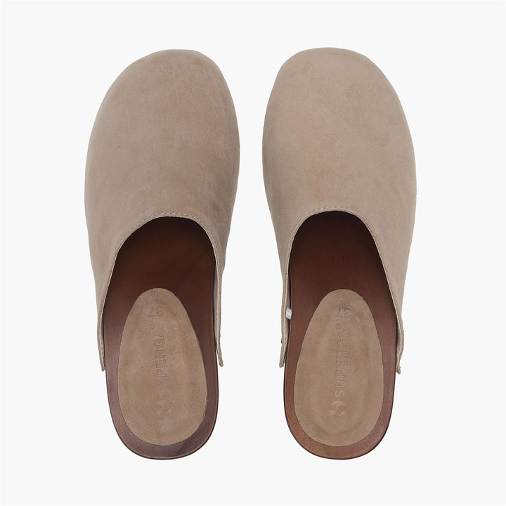 Beigefarbene Damen-Clogs mit hohem Absatz und Obermaterial aus Wildleder 4