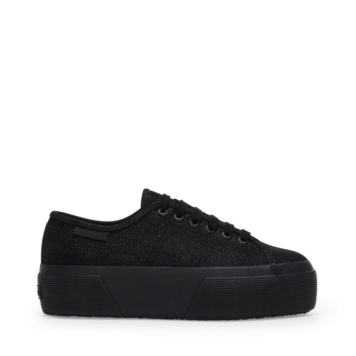 Sneakers da donna con plateau nere e tomaia in jersey lamé a micro costine 1