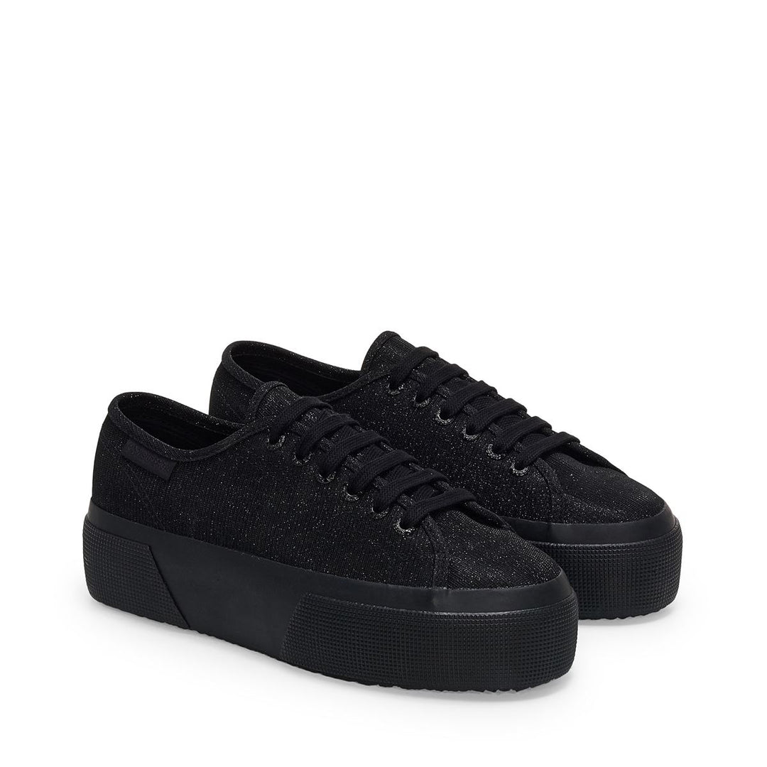 Sneakers da donna con plateau nere e tomaia in jersey lamé a micro costine main