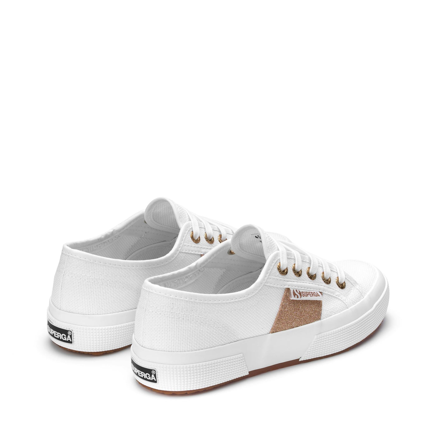 Le Superga Woman 2750 PATCHES GLITTER Sneaker WHITE-WARM GOLD Dressed Side (jpg Rgb)		