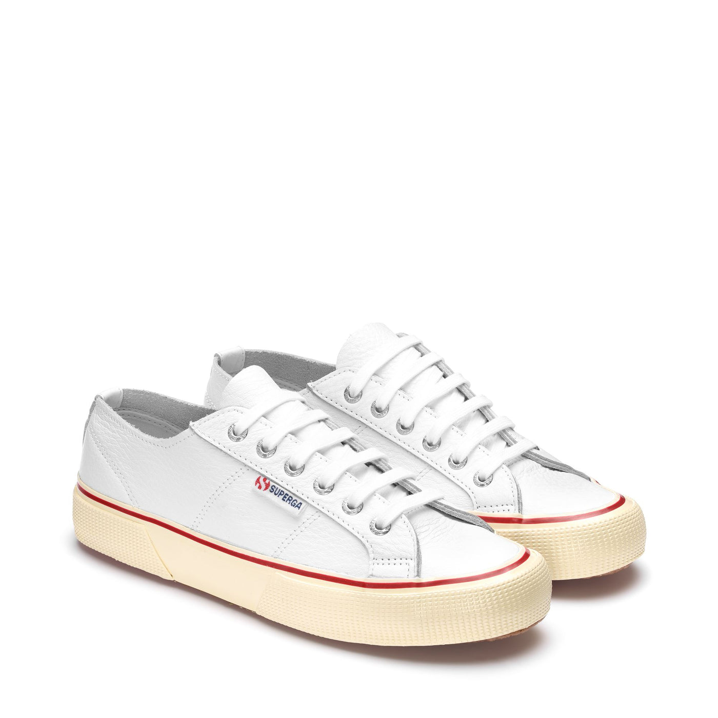 Le Superga Man 2490 BOLD SOFT TUMBLED LEATHER Sneaker WHITE-RED FLAME Dressed Front (jpg Rgb)	