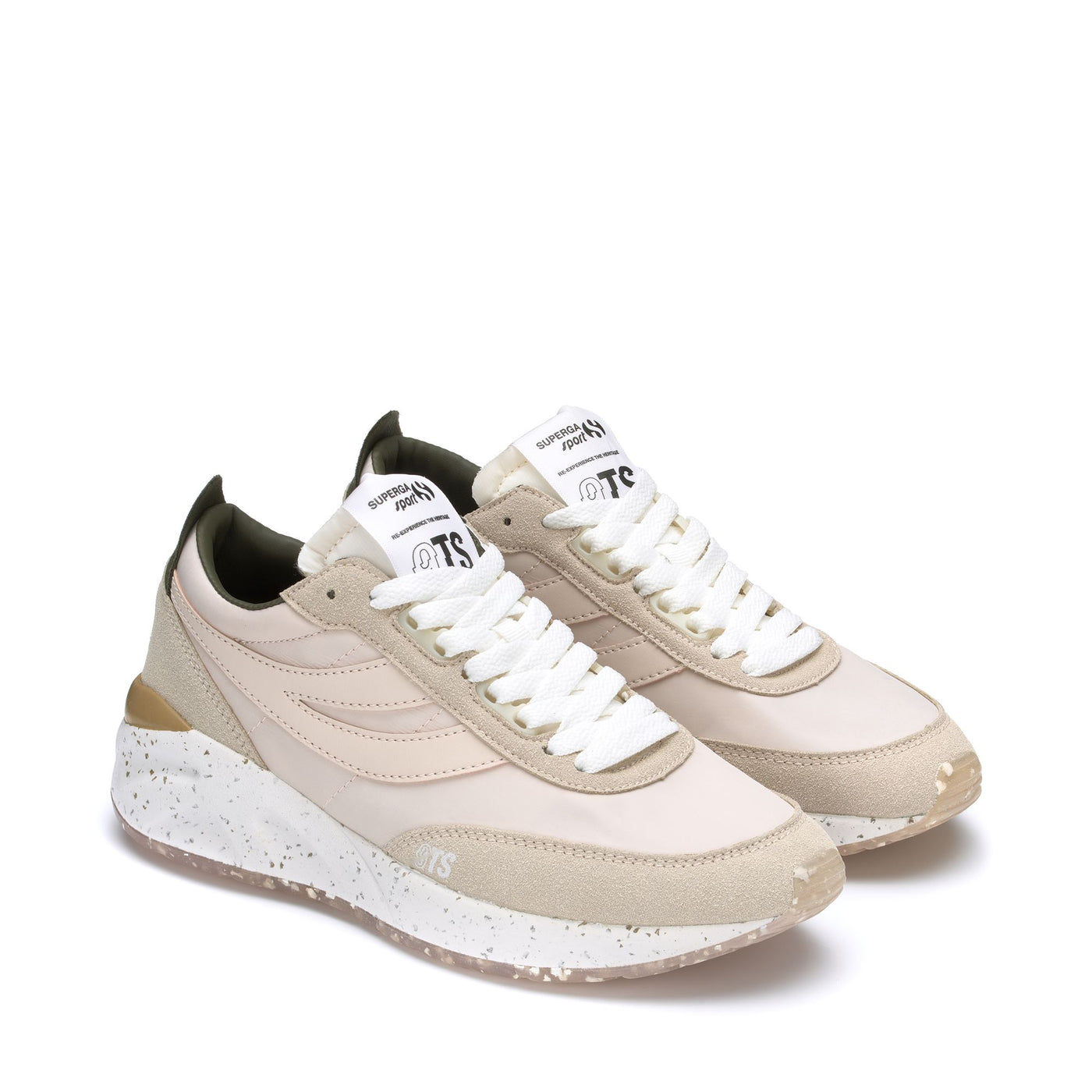 Sneakers Unisex 4089 TRAINING 9TS SLIM VEGAN FAUX LEATHER Low Cut PINK ALMOND-GREEN OLIVE-F AVORIO Dressed Front (jpg Rgb)	