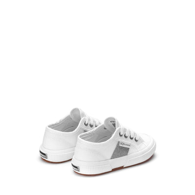 Le Superga Girl 2750 KIDS PATCHES GLITTER Sneaker WHITE-SILVER Dressed Side (jpg Rgb)		